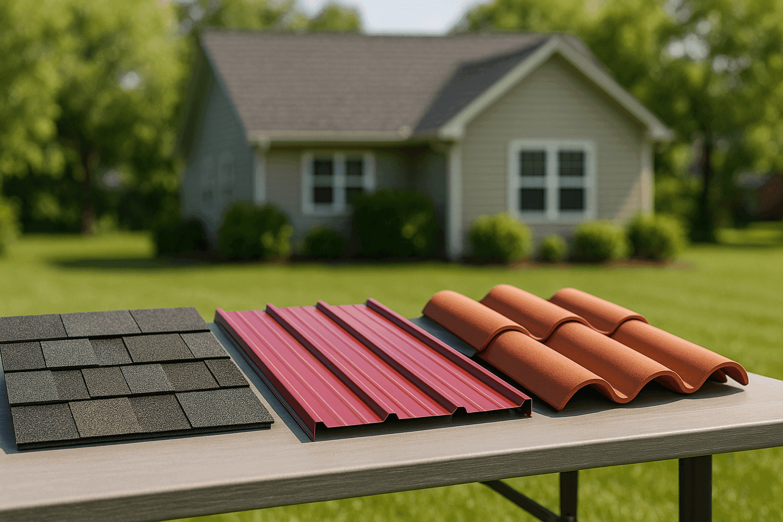 Samples of roofing materials arranged on residential backyard table