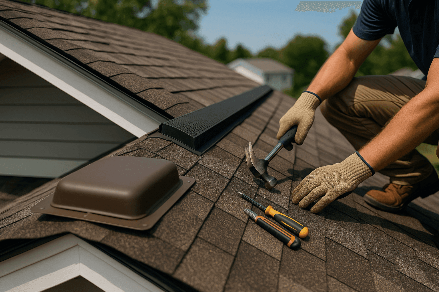 Close-up of roof ventilation components including ridge vents and soffit vents on a residential home