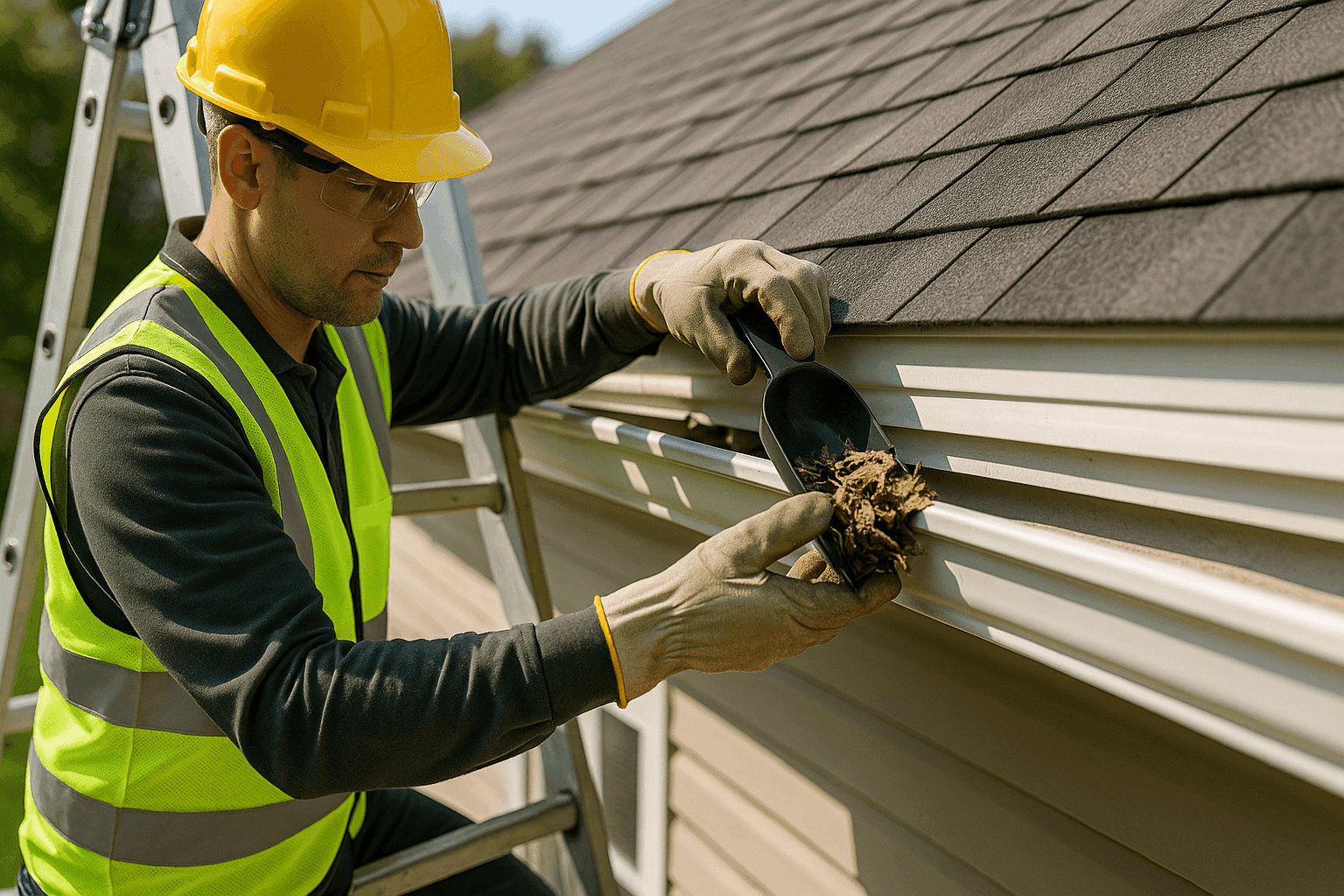 Technician cleaning debris from residential gutters with gloves