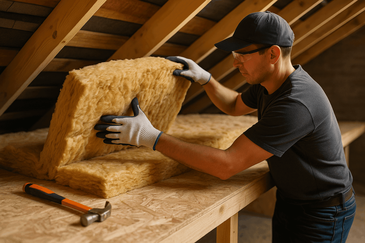 Professional installing roof insulation in attic for energy efficiency