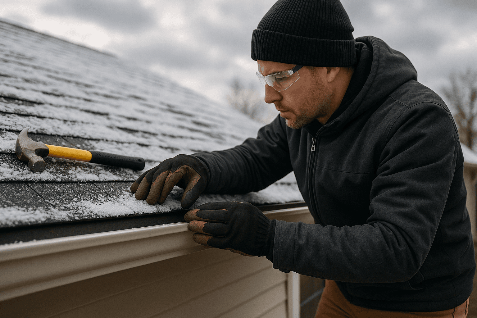 Homeowner inspecting snow-covered roof edge preparing for winter storms