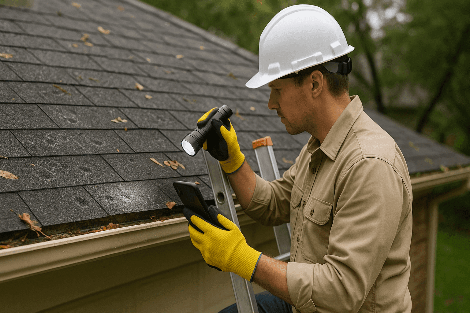 Homeowner examining residential roof for storm damage after hail