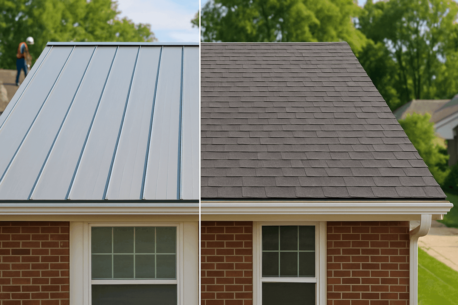 Side-by-side view of metal and shingle roofing on residential home
