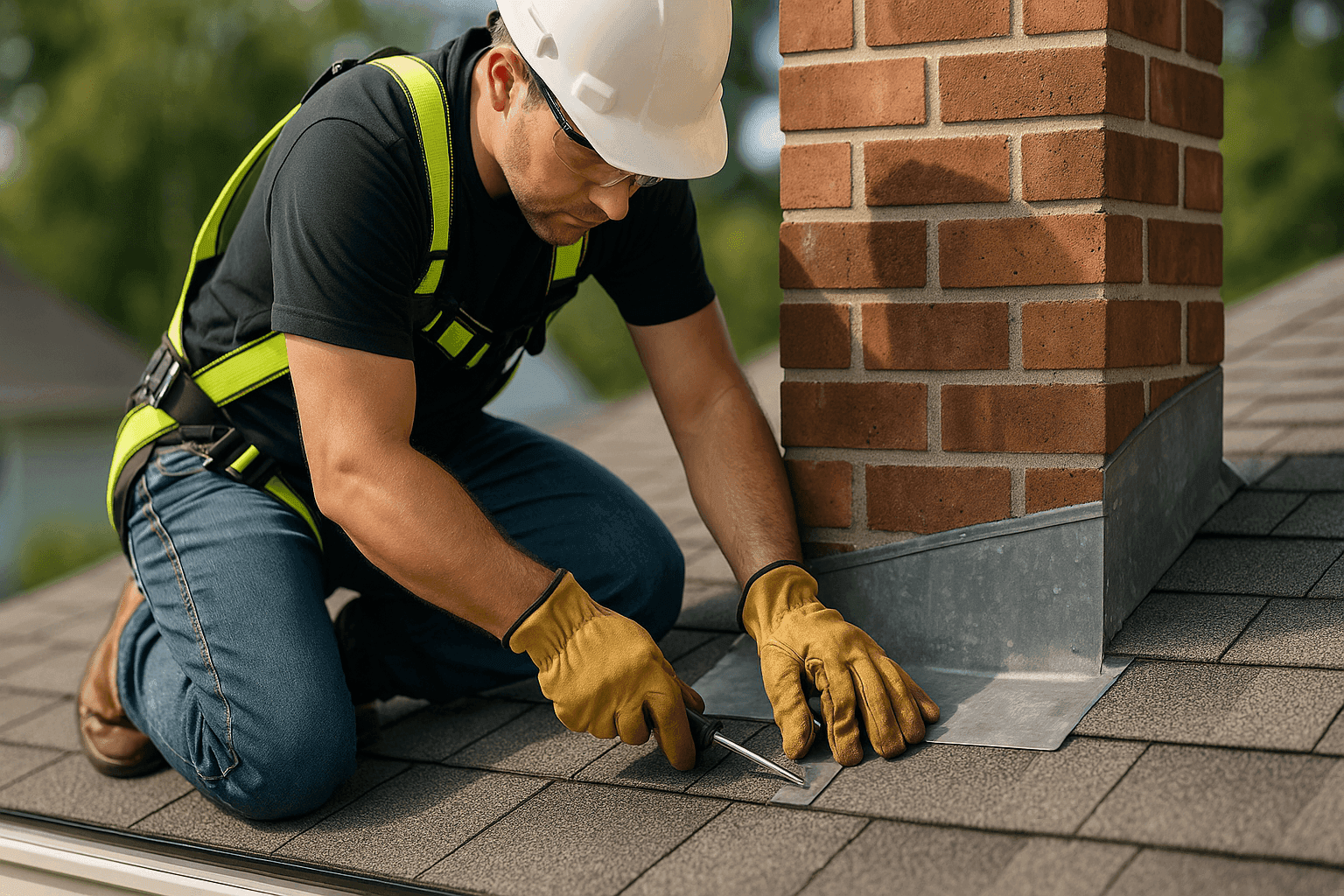 Roofer repairing metal flashing around residential chimney