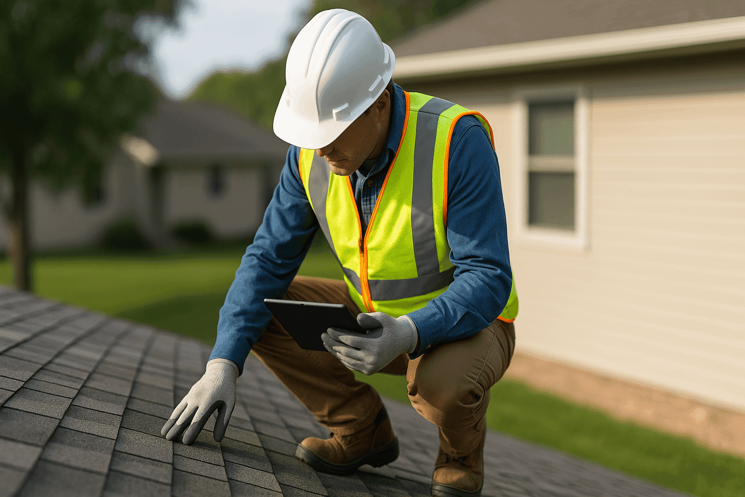 Inspector using tablet to examine residential roof for issues