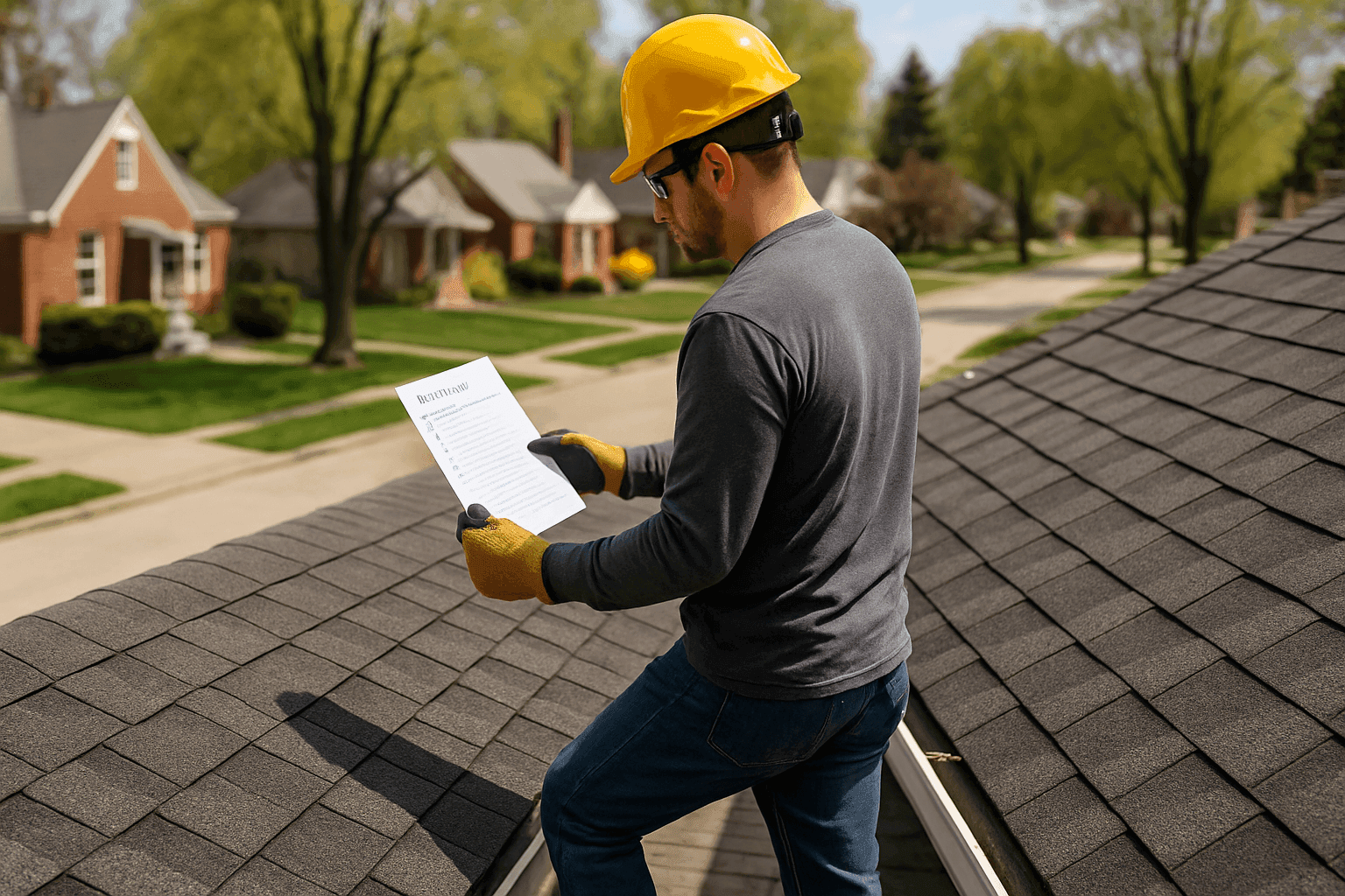 Homeowner inspecting clean roof with checklist in hand