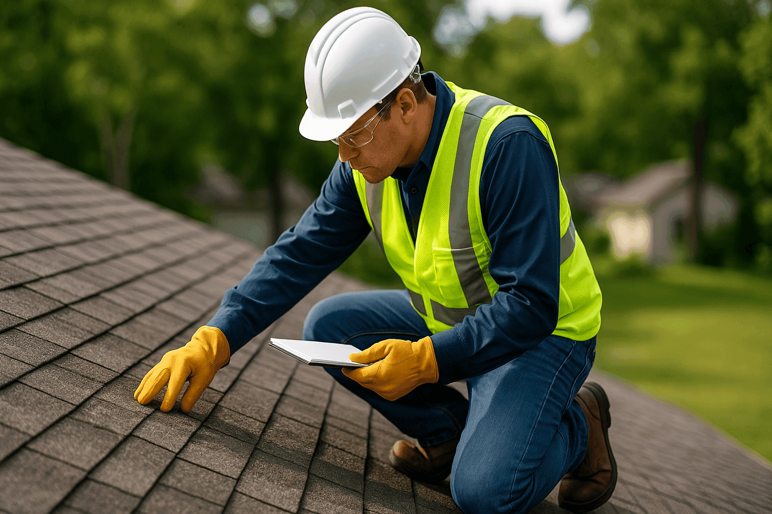 Roofing expert inspecting aging shingles for repair or replacement
